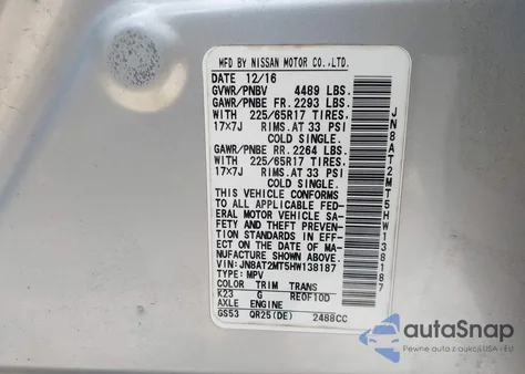 2017 Nissan Rogue S из США, поврежденный, VIN JN8AT2MT5HW138187